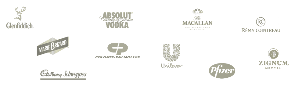 Glenfiddich, ABSOLUT Vodka, The Macallan, Rémy Cointreau, Marie Brizard, Colgate-Palmolive, Unilever, Cadbury Schweppes, Pfizer, Zignum Mezcal